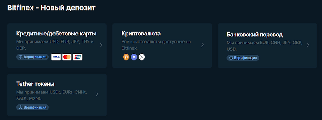 Пополнение депозита на Bitfinex