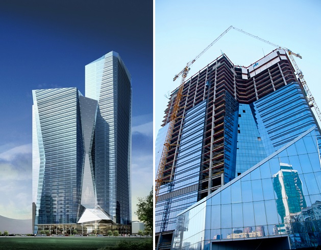 Проект Sky Towers (слева) и недострой в реальности (справа, фото: depositphotos.com)